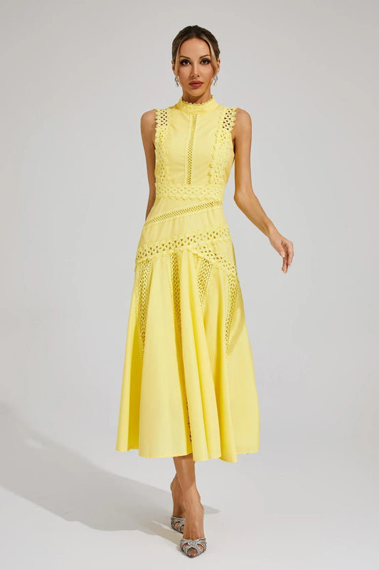 Caroline | Women's Sleeveless Lace Midi Wedding Guest Dress Yellow