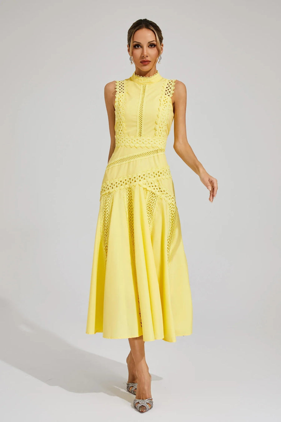 Caroline | Women's Sleeveless Lace Midi Wedding Guest Dress Yellow