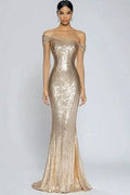 Women Sparkly Champagne Long Prom Dress Mermaid Off The Shoulder