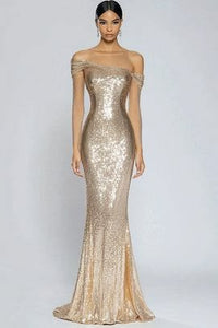Women Sparkly Champagne Long Prom Dress Mermaid Off The Shoulder