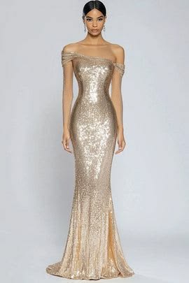 Women Sparkly Champagne Long Prom Dress Mermaid Off The Shoulder