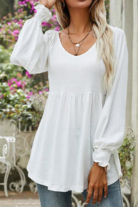 Eleanor | Women's Babydoll Empire-Waist Long-Sleeve V-Neck Tunic White