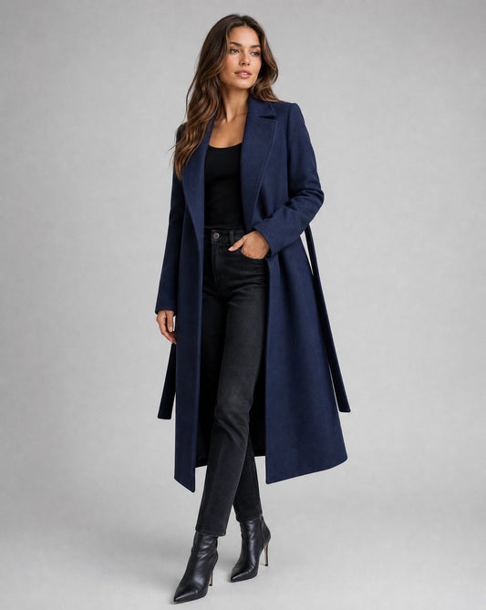 Luna | Women's Belted Wool-Blend Long Lapel Trench Coat Navy