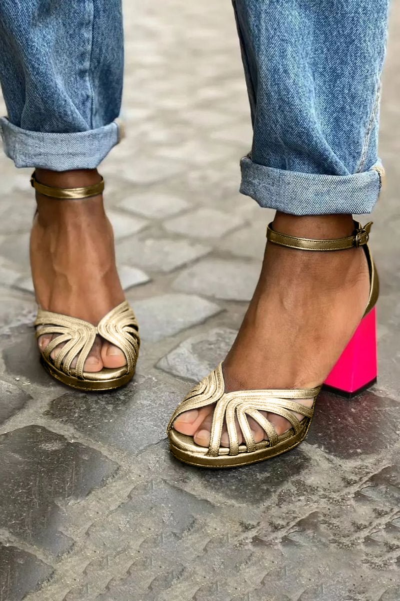 Evelyn | Women's Block Heel Sandals Open Toe Ankle Strap Multi-Strap Gold