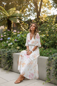 Penelope | Women's Bohemian Floral V-Neck Maxi Evening Gown Dress Light Blue