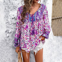 Evelyn | Women's Bohemian Floral V-Neck Tassel Drawstring Tunic Blouse Purple