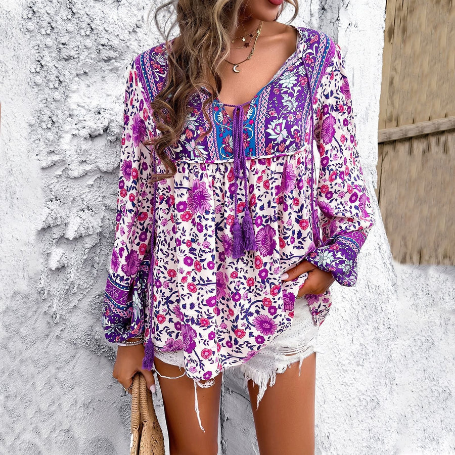 Evelyn | Women's Bohemian Floral V-Neck Tassel Drawstring Tunic Blouse Purple