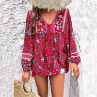 Evelyn | Women's Bohemian Floral V-Neck Tassel Drawstring Tunic Blouse Red