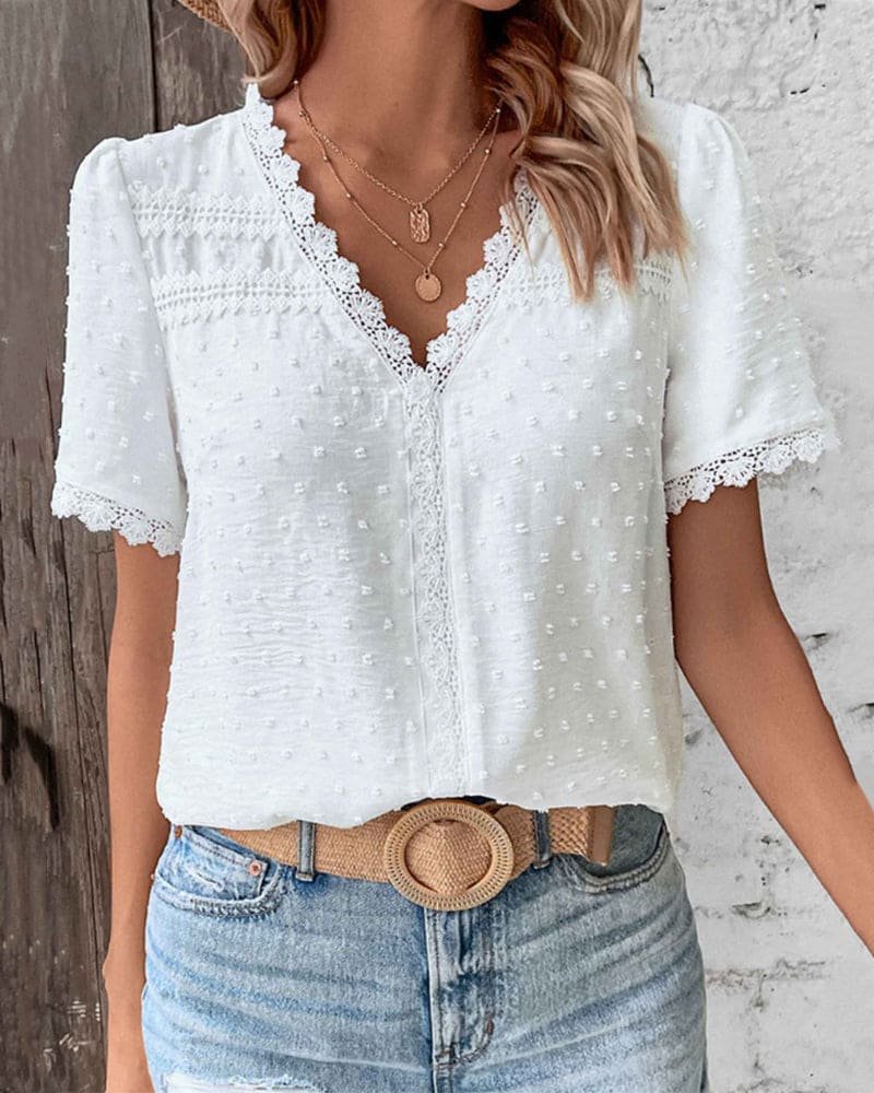 Eleanor | Women's Bohemian Swiss Dot Lace Trim V-Neck Blouse White