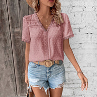 Eleanor | Women's Bohemian Swiss Dot Lace Trim V-Neck Blouse Pink