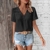 Eleanor | Women's Bohemian Swiss Dot Lace Trim V-Neck Blouse Black