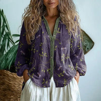 Evelyn | Women's Boho Linen Button-Down Cardigan Blouse Long Sleeve Purple