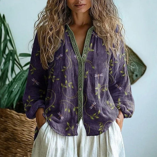 Evelyn | Women's Boho Linen Button-Down Cardigan Blouse Long Sleeve Purple