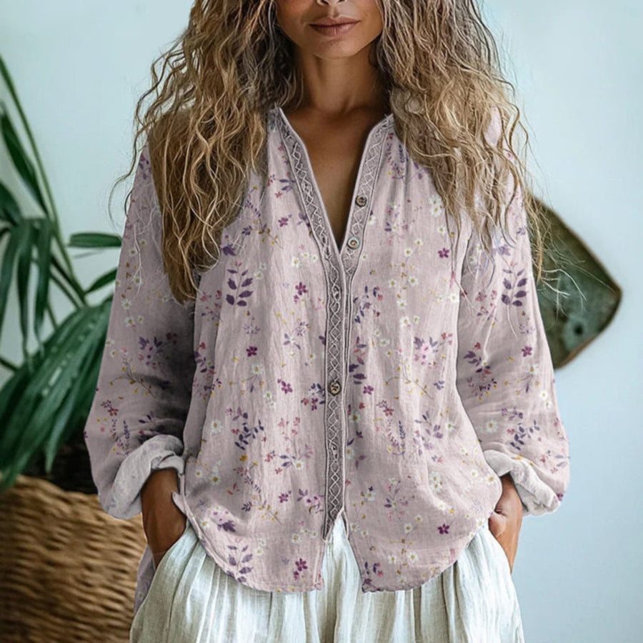Evelyn | Women's Boho Linen Button-Down Cardigan Blouse Long Sleeve Light Pink