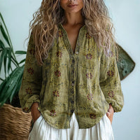 Evelyn | Women's Boho Linen Button-Down Cardigan Blouse Long Sleeve Light Olive Green