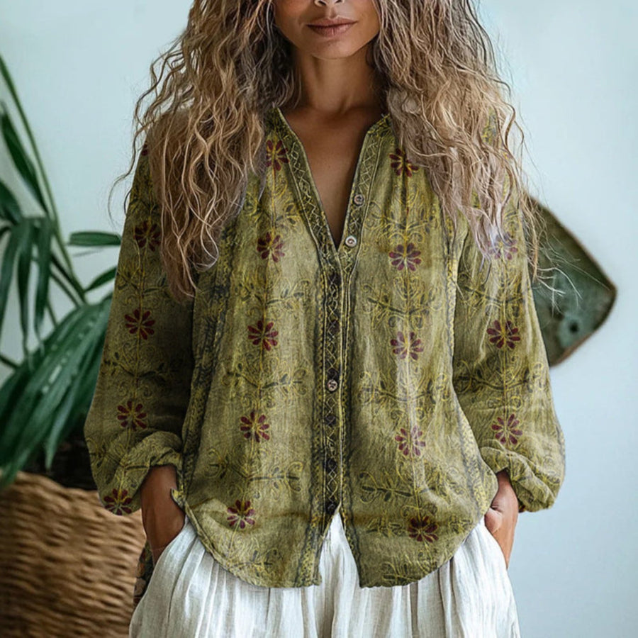 Evelyn | Women's Boho Linen Button-Down Cardigan Blouse Long Sleeve Light Olive Green