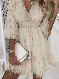 Scarlett | Women's Boho Mini Dress V-Neck Bell Sleeves Eyelet Lace Beige