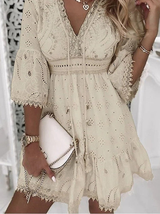 Scarlett | Women's Boho Mini Dress V-Neck Bell Sleeves Eyelet Lace Beige