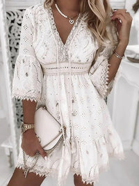 Scarlett | Women's Boho Mini Dress V-Neck Bell Sleeves Eyelet Lace White