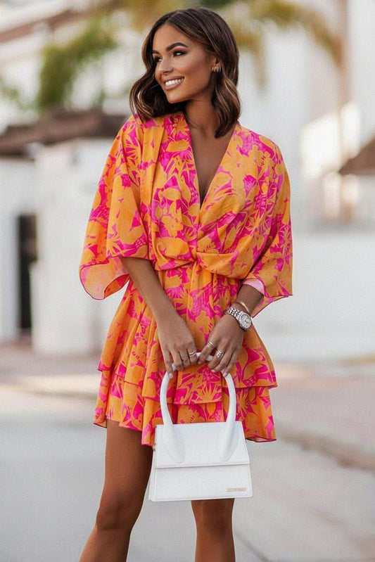 Mia | Women's Boho Tropical-Print Mini Cocktail Dress Tiered Skirt Orange