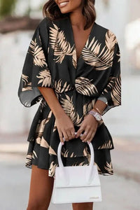 Mia | Women's Boho Tropical-Print Mini Cocktail Dress Tiered Skirt Black