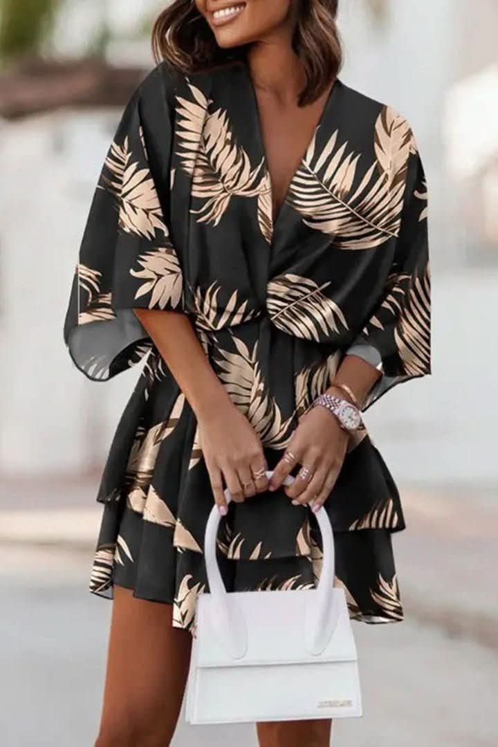 Mia | Women's Boho Tropical-Print Mini Cocktail Dress Tiered Skirt Black