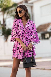 Mia | Women's Boho Tropical-Print Mini Cocktail Dress Tiered Skirt Pink