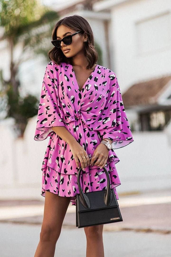 Mia | Women's Boho Tropical-Print Mini Cocktail Dress Tiered Skirt Pink