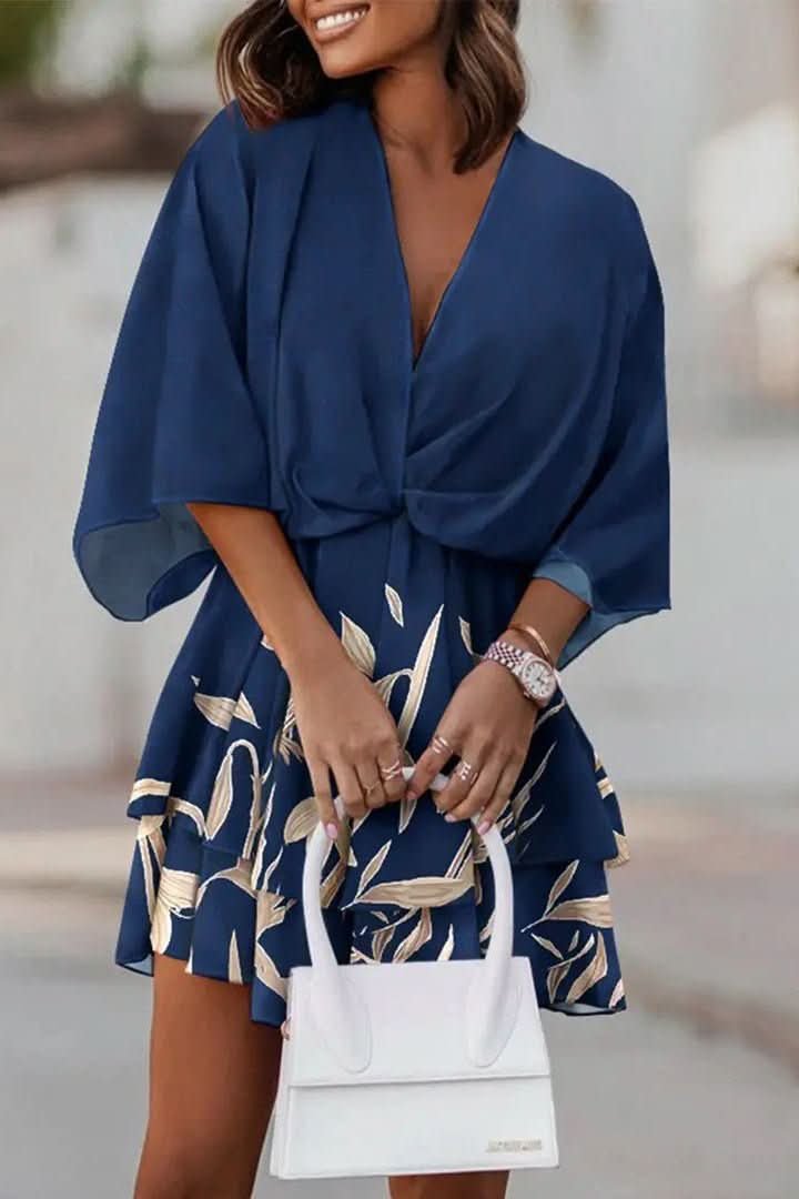 Mia | Women's Boho Tropical-Print Mini Cocktail Dress Tiered Skirt Navy Blue