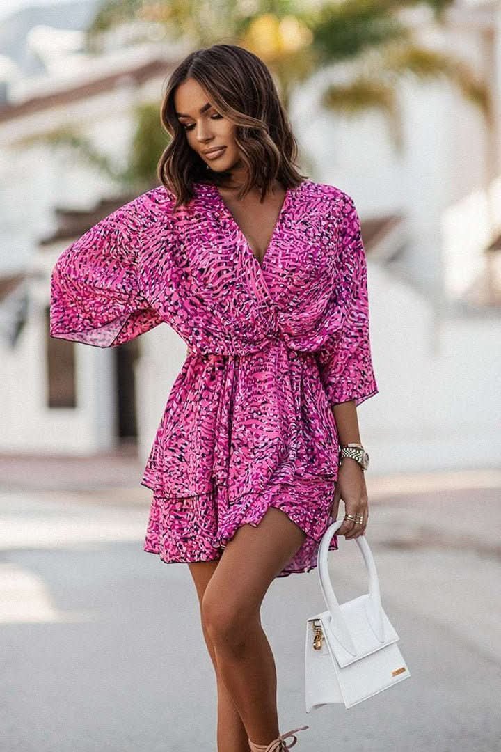 Mia | Women's Boho Tropical-Print Mini Cocktail Dress Tiered Skirt Purple