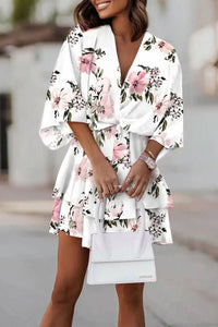 Mia | Women's Boho Tropical-Print Mini Cocktail Dress Tiered Skirt White
