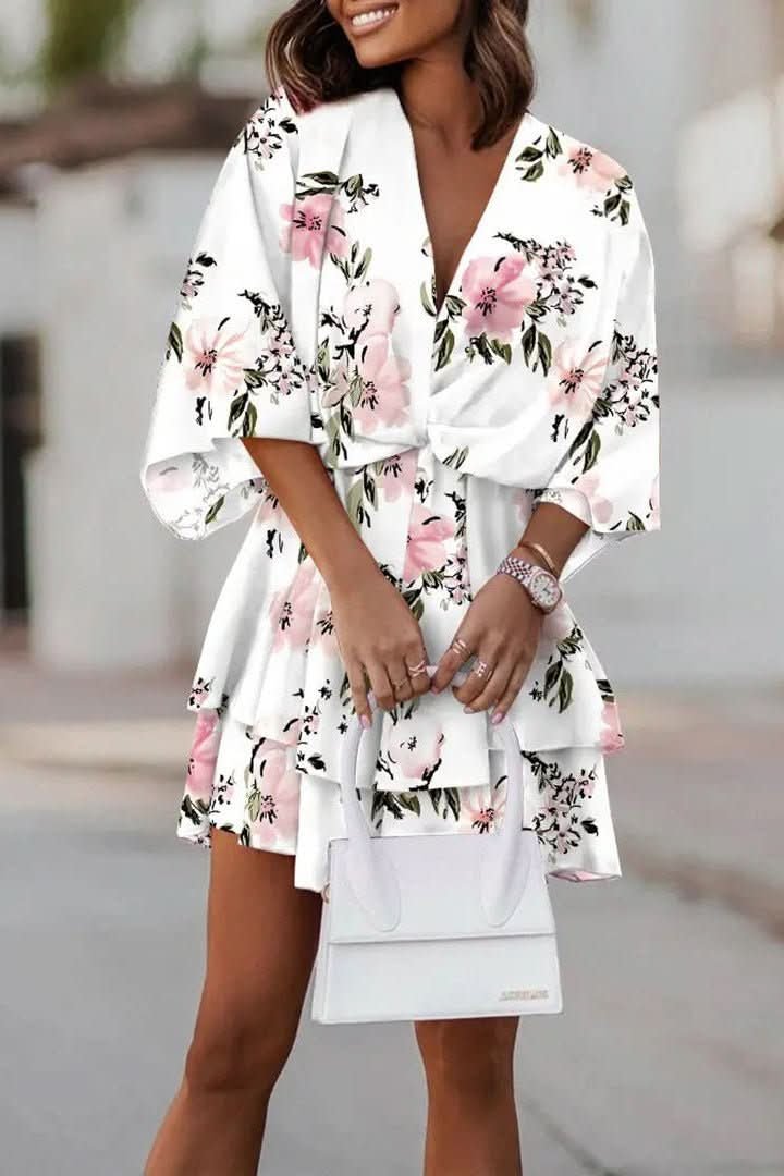 Mia | Women's Boho Tropical-Print Mini Cocktail Dress Tiered Skirt White