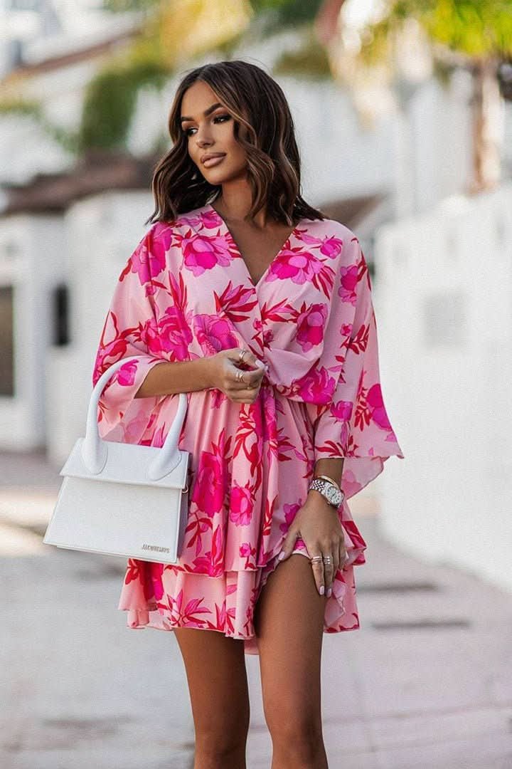Mia | Women's Boho Tropical-Print Mini Cocktail Dress Tiered Skirt Red