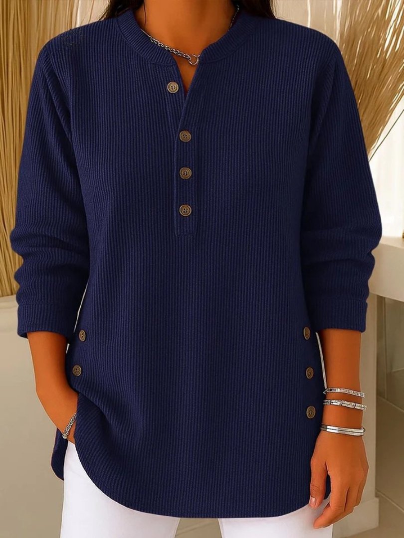 Mia | Women's Button Detail Sweater Ribbed Knit Long Sleeve Dark Blue
