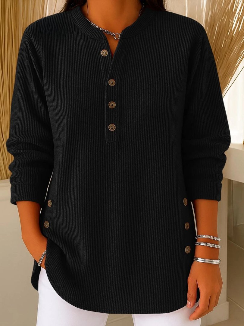 Mia | Women's Button Detail Sweater Ribbed Knit Long Sleeve Black