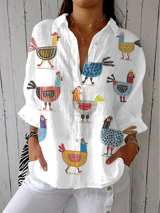Sophia | Women's Button-Front Blouse Colorful Hen Print Multicolor