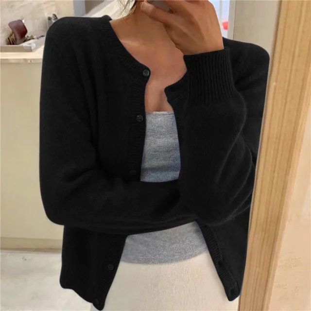 Emma | Women's Button Front Cardigan Cropped Relaxed Fit Black