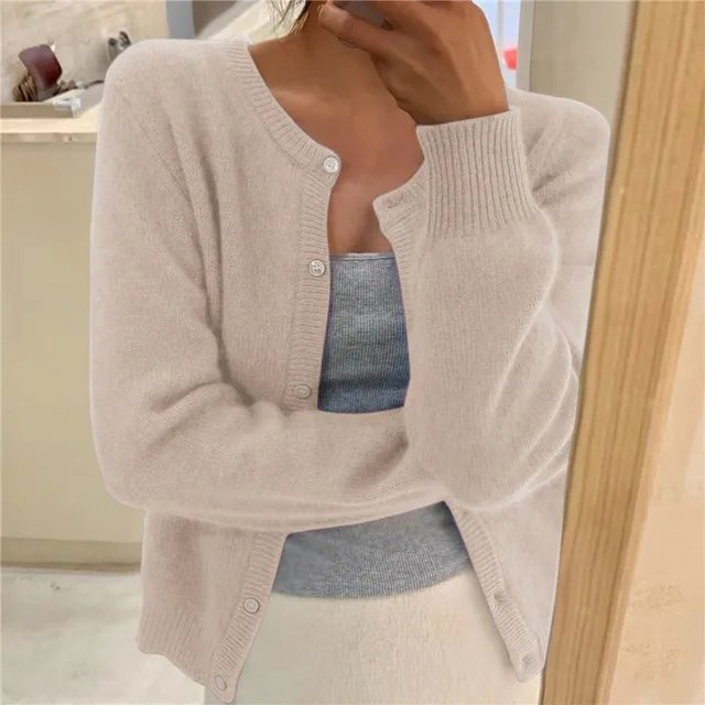 Emma | Women's Button Front Cardigan Cropped Relaxed Fit Beige