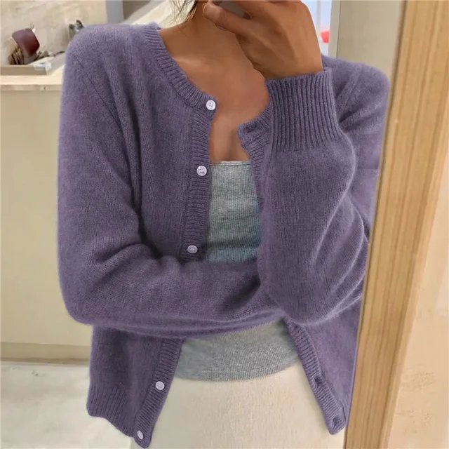 Emma | Women's Button Front Cardigan Cropped Relaxed Fit Purple