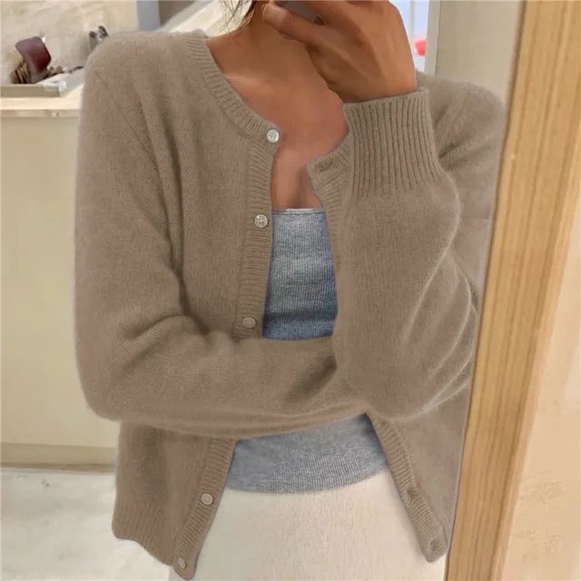 Emma | Women's Button Front Cardigan Cropped Relaxed Fit Khaki
