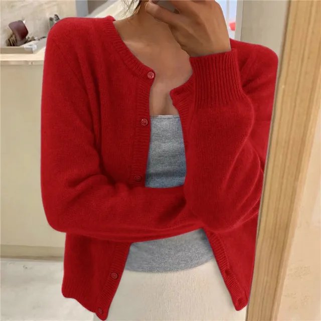 Emma | Women's Button Front Cardigan Cropped Relaxed Fit Red