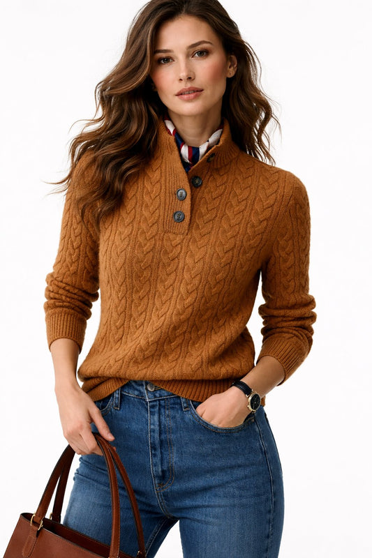 Madison | Women's Cable Knit Button-Neck Wool Blend Pullover Sweater Brown