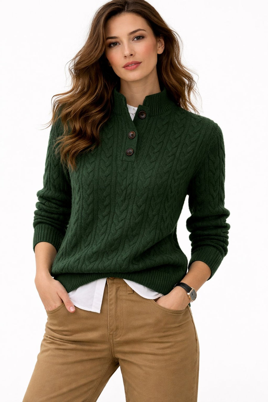 Madison | Women's Cable Knit Button-Neck Wool Blend Pullover Sweater Green
