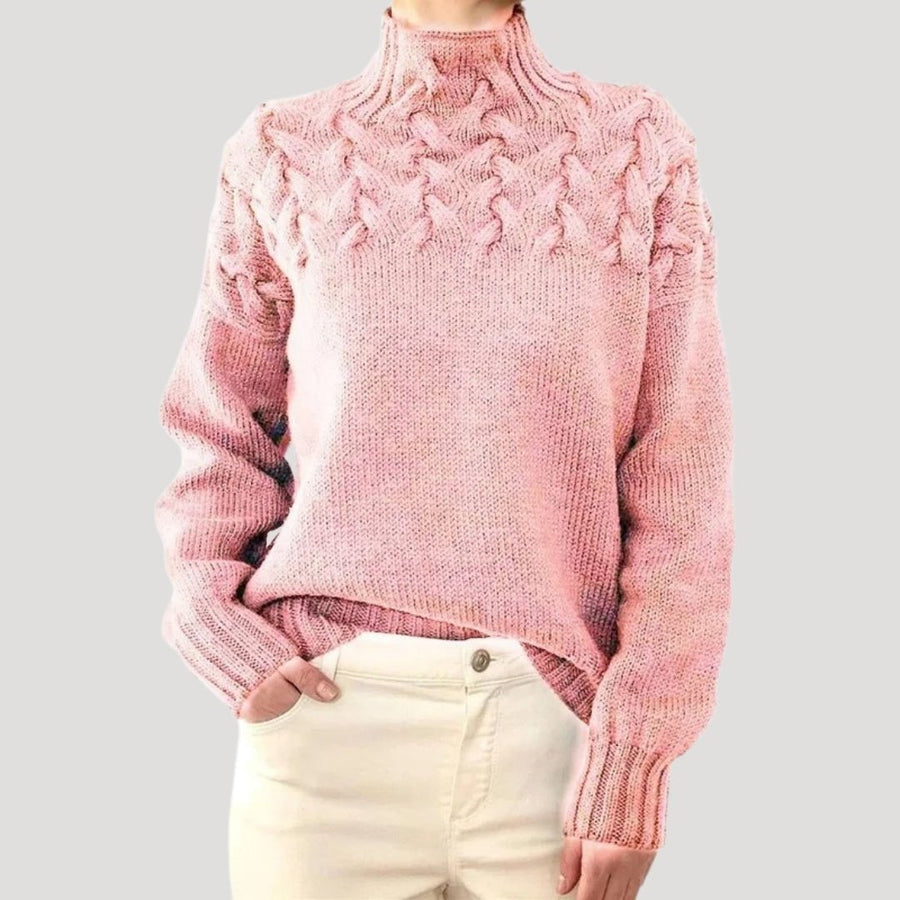 Evelyn | Women's Cable Knit Turtleneck Pullover Sweater Light Pink