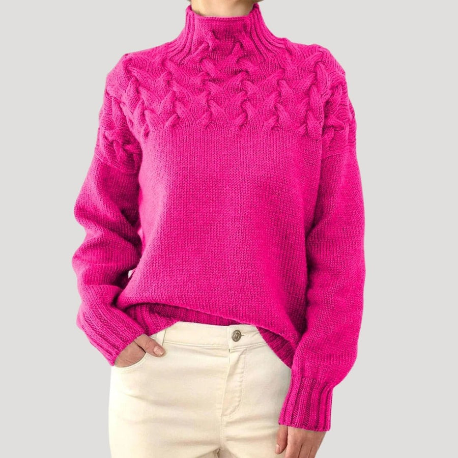 Evelyn | Women's Cable Knit Turtleneck Pullover Sweater Pink