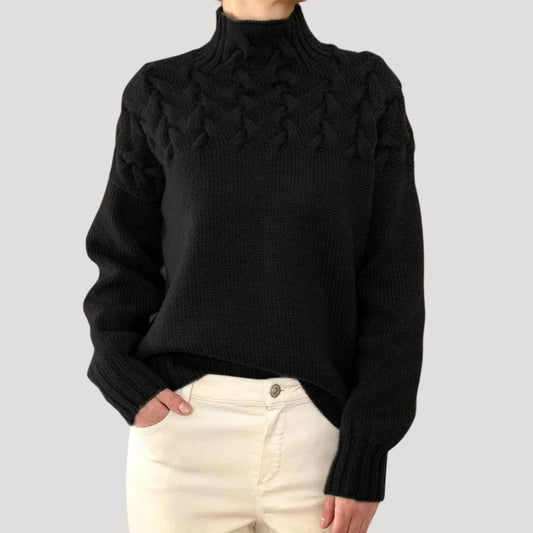 Evelyn | Women's Cable Knit Turtleneck Pullover Sweater Black