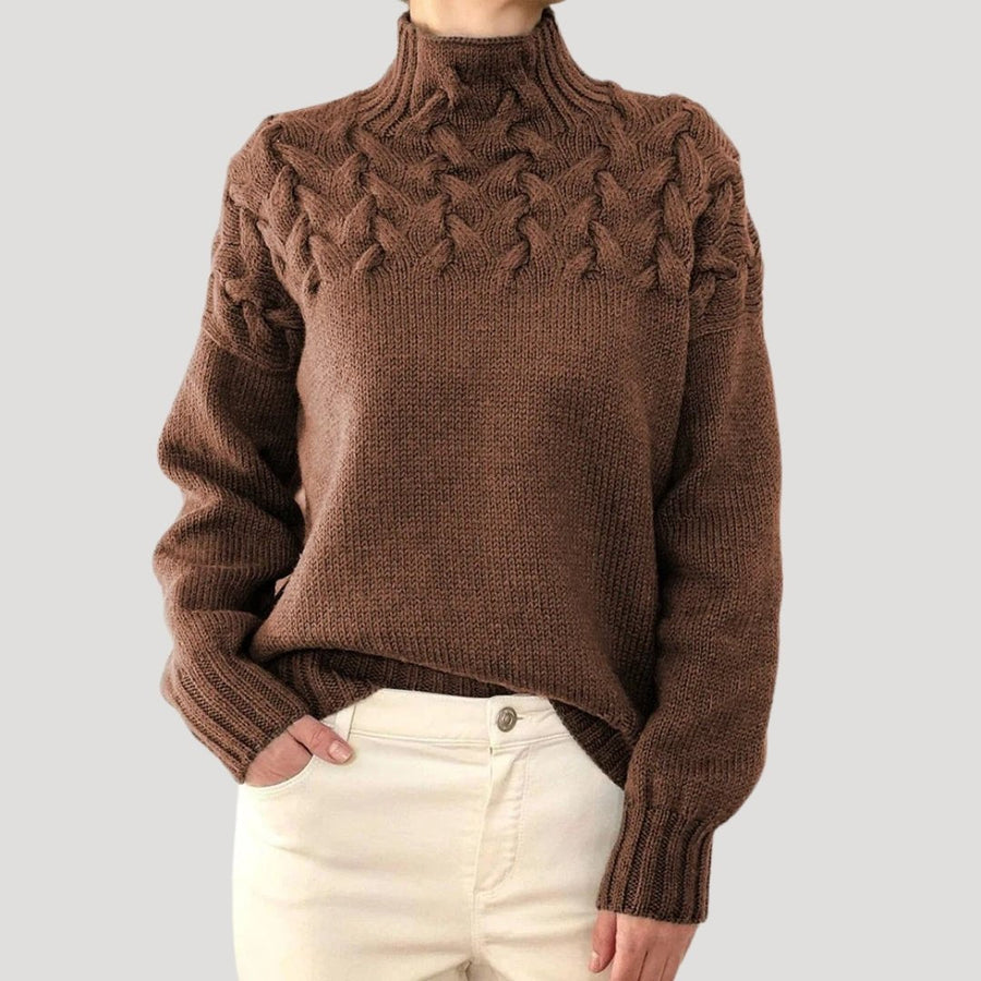 Evelyn | Women's Cable Knit Turtleneck Pullover Sweater Brown