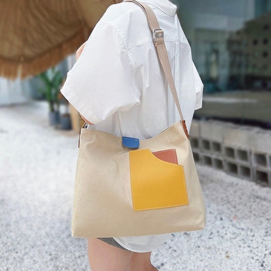 Penelope | Women's Color Block Canvas Tote Bag PU Leather Pocket Beige