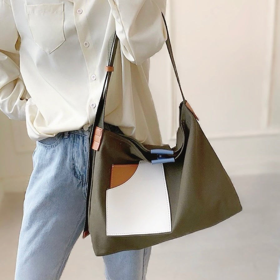 Penelope | Women's Color Block Canvas Tote Bag PU Leather Pocket Green