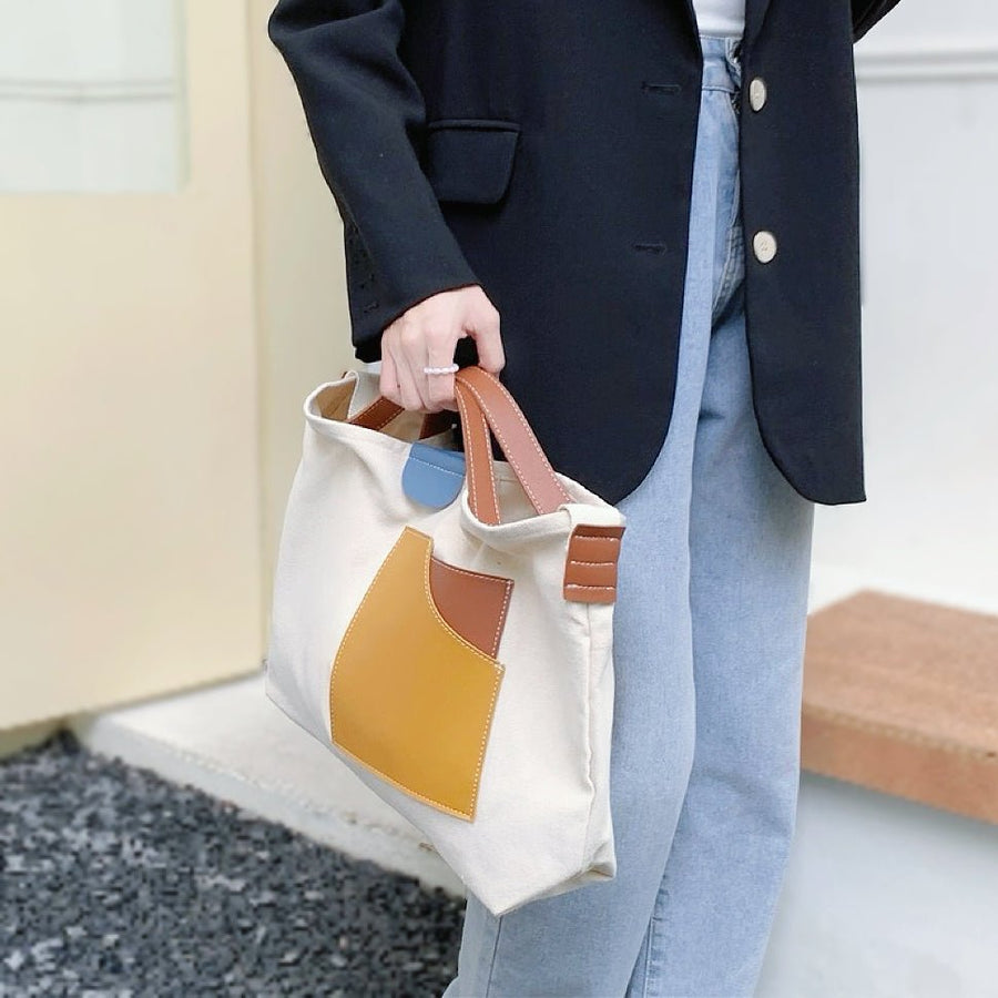 Penelope | Women's Color Block Canvas Tote Bag PU Leather Pocket White